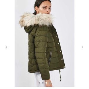 Topshop khaki faux fur puffer jacket